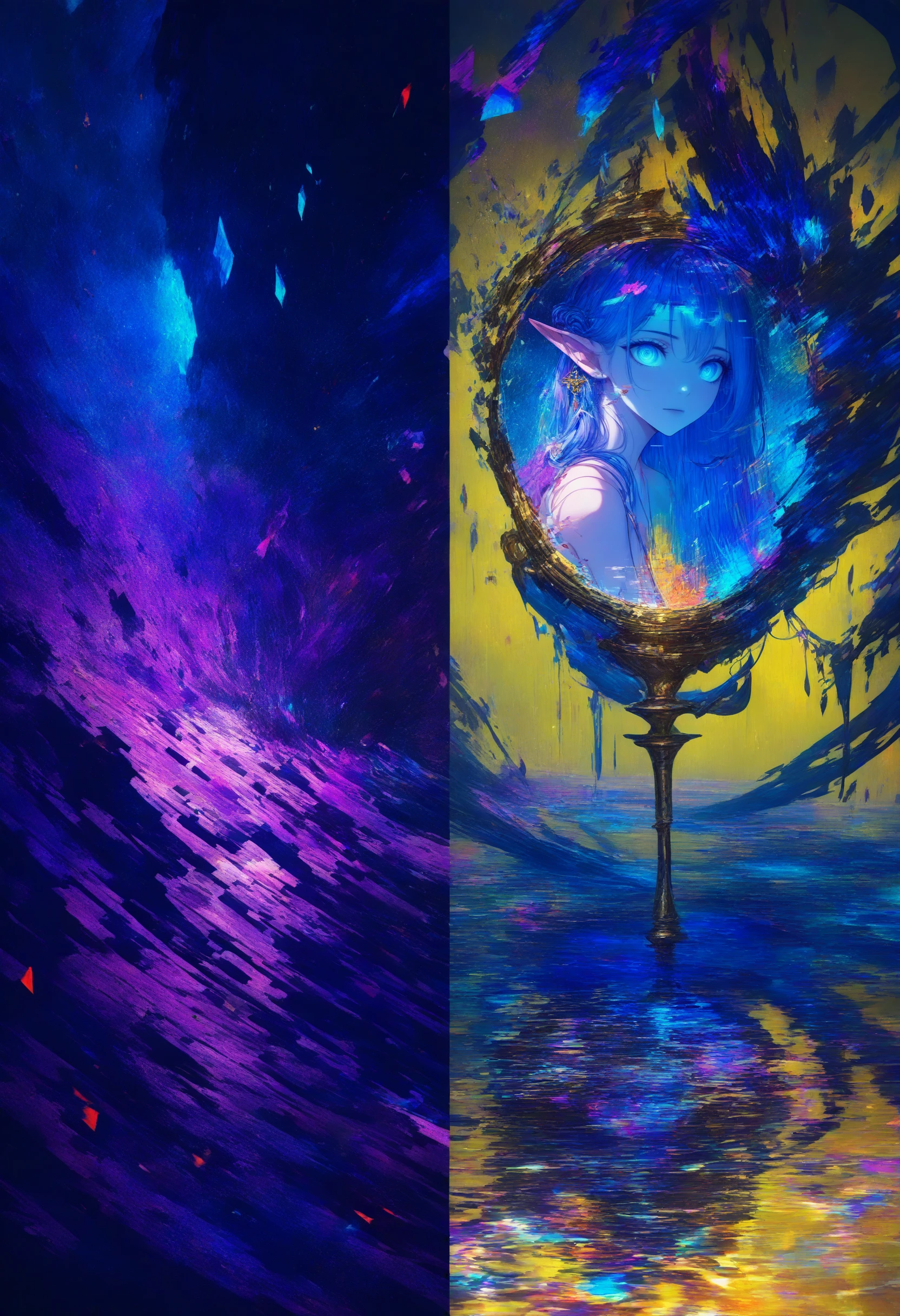 masterpiece, best quality, glitch, glitching, aesthetic, 8k unreal engine photorealism, ethereal lighting, purple, nighttime, darkness, surreal art, fantasy, glowing, Combine vibrant splashes of red, blue, yellow, and green, with swirling motions and color leaks to create an explosive and chaotic effect, broken glass, reflection, 1girl, elf, jewelry, upper body, split screen,