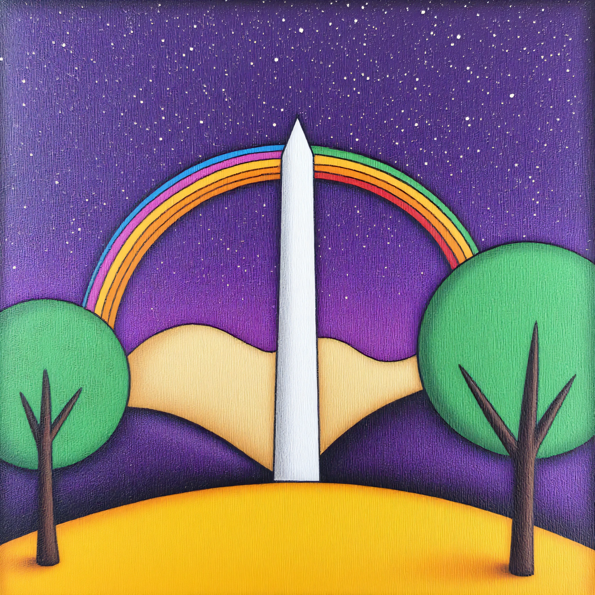 ArsMJStyle, Naive Storybook Nouveau, The image shows a painting of the Washington Monument in Washington DC surrounded by trees and hills with a starry night sky in the background., no humans, star (sky), tree, traditional media, rainbow, sky, sword, weapon, starry sky, space