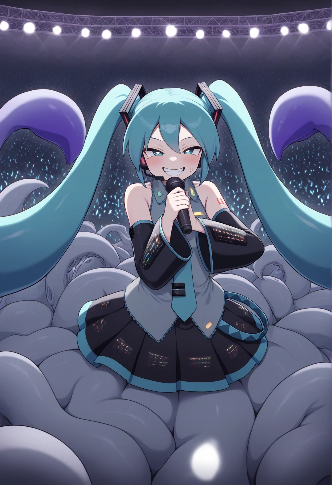 squid girl, monster girl, tentacles, 1girl, suction cups, evil smile, hatsune miku, holding microphone, outdoors, stage, stage lights, glowstick, audience <lora:Tentacle_girl_illustrious:1>, masterpiece, best quality, amazing quality, very aesthetic, absurdres, highres, newest