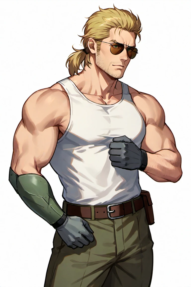 score_9, score_8_up, score_7_up, score_6_up, perfect anatomy, perfect proportions, best quality, masterpiece, high_resolution, high quality, best aesthetic, incredibly absurdres, highres, extremely detailed, huge filesize, mature, masculine, manly, virile, handsome, charming, alluring, bara, male focus, (solo male), cowboy shot, dutch angle, source_game \(Metal Gear Solid\), Kazuhira Miller, Master Miller, MGSKas, MGSKasM, blond hair, facial hair, stubble, old man, dilf, low ponytail, aviator sunglasses, Kaz_outfit03, white tank-top, brown-green pants, belt, (grey bionic arm, right bionic arm:1.3), serious, simple white background