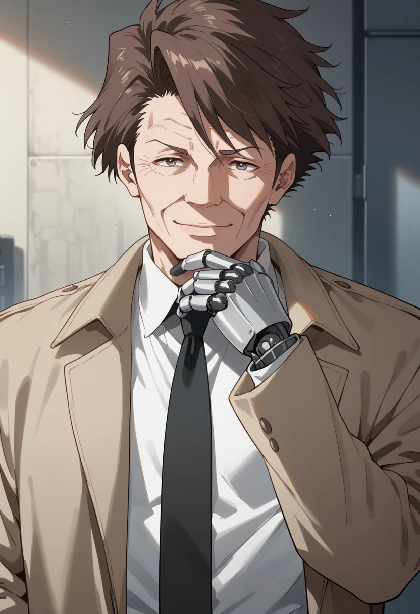 score_9, score_8_up, score_7_up, score_6_up, source_anime, absurdres, highres, 
hand on own chin,
masaoka tomomi, solo, light smile, closed mouth, brown hair, 1boy, mature male, white shirt, male focus, collared shirt, grey eyes, (half-closed eyes:0.8), black necktie, trench coat, mechanical arms, single mechanical arm, portrait, old,  <lora:Tomomi_Masaoka__Psycho-Pass:1.0>