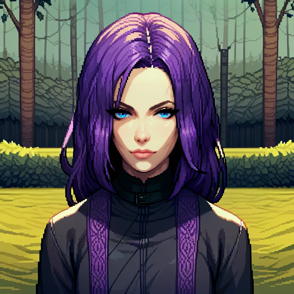 zPDXL3, score_9, score_8_up, score_7_up, score_6_up, score_5_up, score_4_up, highres, incredibly absurdres, highly detailed, closed mouth, outdoors, 1girl, solo, seluene, very long hair, purple hair, blue eyes, pale skin, black lips, (black kimono:1.2), long sleeves, <lora:Selene:0.6> <lora:Pixel_Art_Pony:1> Pixel_Art