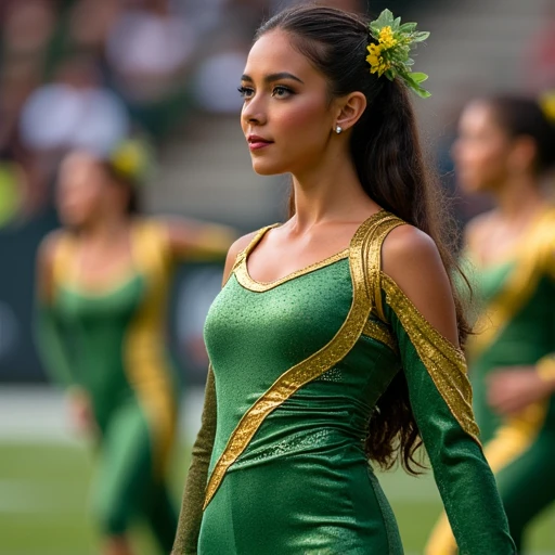 photo of an 18 year old young woman wearing a green and gold colorguard costume