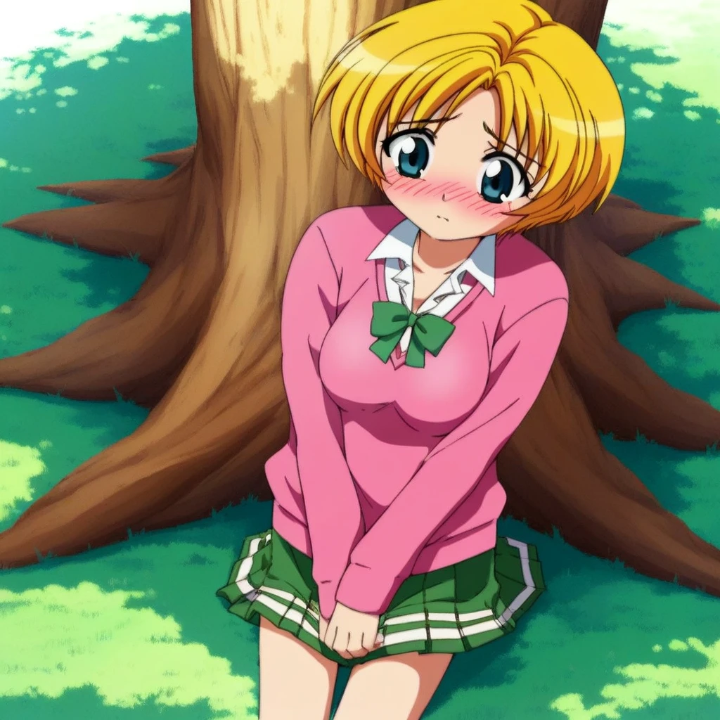 score_9, solo, muyi_yki, blonde_hair, short hair, school uniform, sweater, skirt, cute, blush, shy, tree, grass, medium breasts, natural lighting,