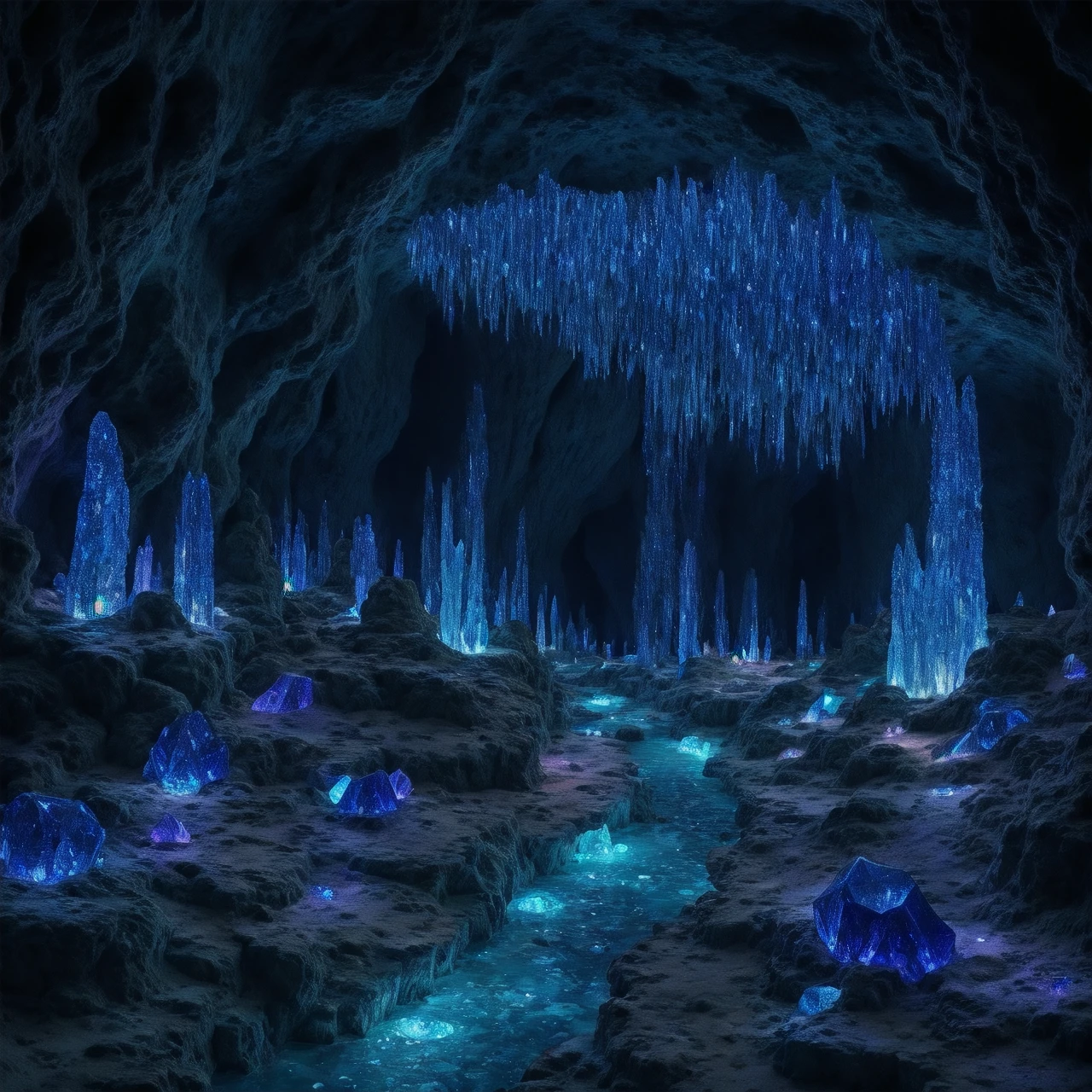 huge cavern, blue crystals, stalagmite, stalactite, <lora:elelpr:1>, elementalplaneearth, <lora:more_details:0.6>, high quality, highres, masterpiece, best quality, 8k, intricate, detailed, <lora:add_detail:0.6>, very detailed