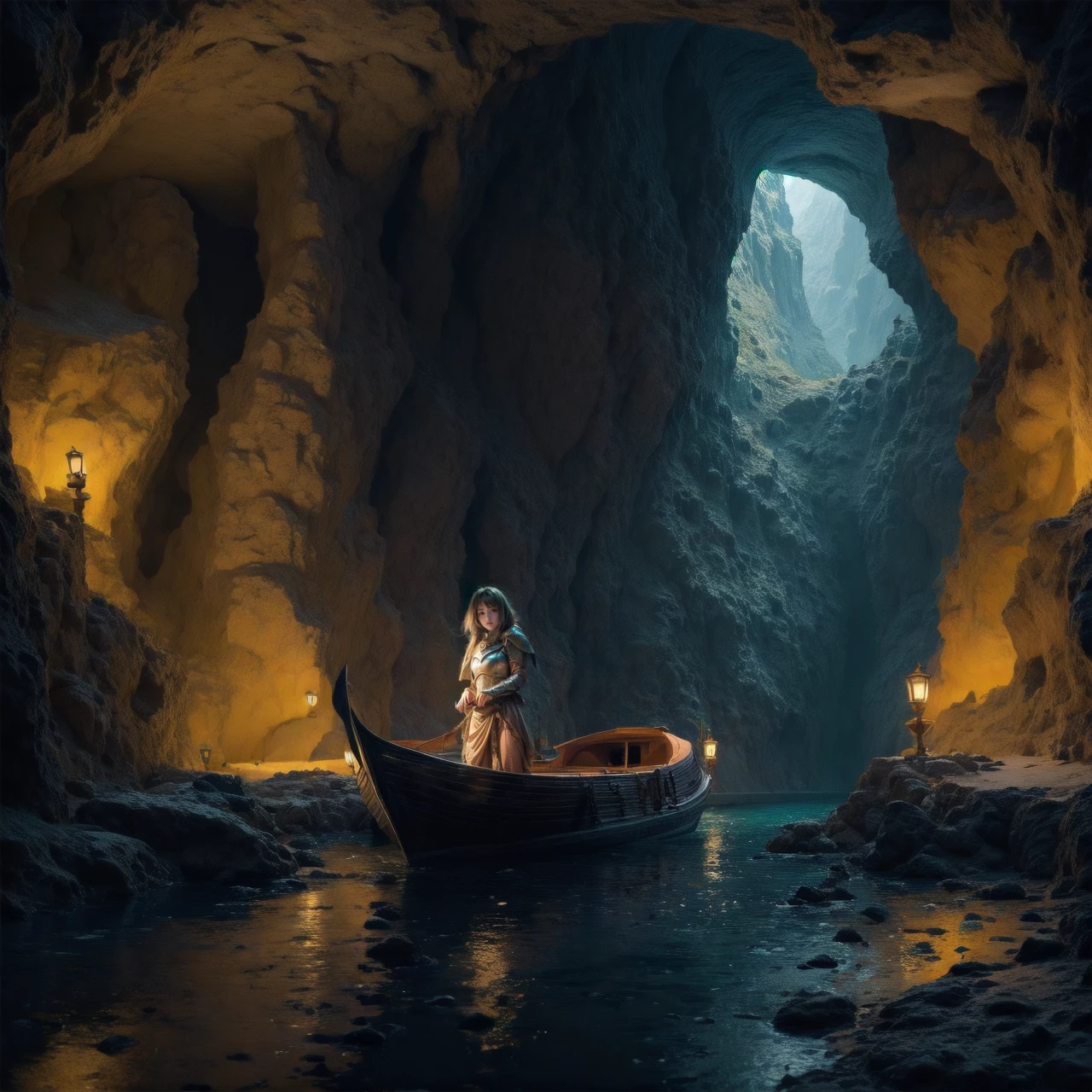 1girl, knight, underground, lake, boat, dim light, <lora:elepw:1>, elementalplaneearth, <lora:more_details:0.6>, high quality, highres, masterpiece, best quality, 8k, intricate, detailed, <lora:add_detail:0.6>, very detailed