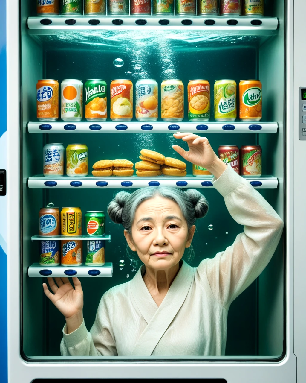 <lora:vending_machine_SDXL:0.5>, old woman, wrinkled skin, nasolabial fold, long sleeves, vending machine, upper_body, water, hair_bun, arm_up, double_bun, canned food, air_bubble, underwater, against_glass, air_conditioner