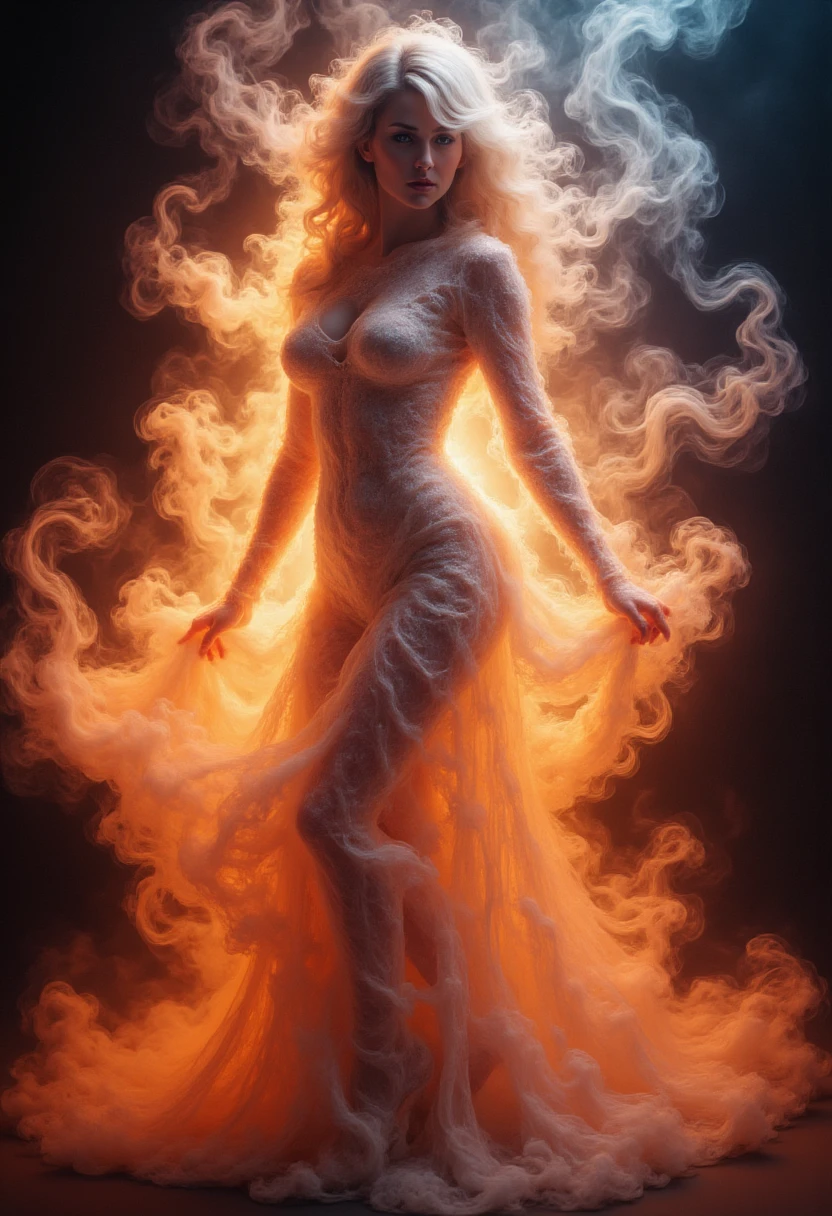 create an full body image of a woman wearing a sexy dance dress made of transparent smoke cloth, clothes focus.