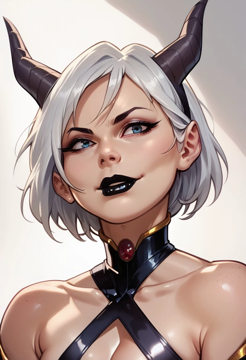 Latex strap, gloves and tail , succubus costume, seductive smile, c cup , with black small demon horns, bun hairstyle, wearing necklace,