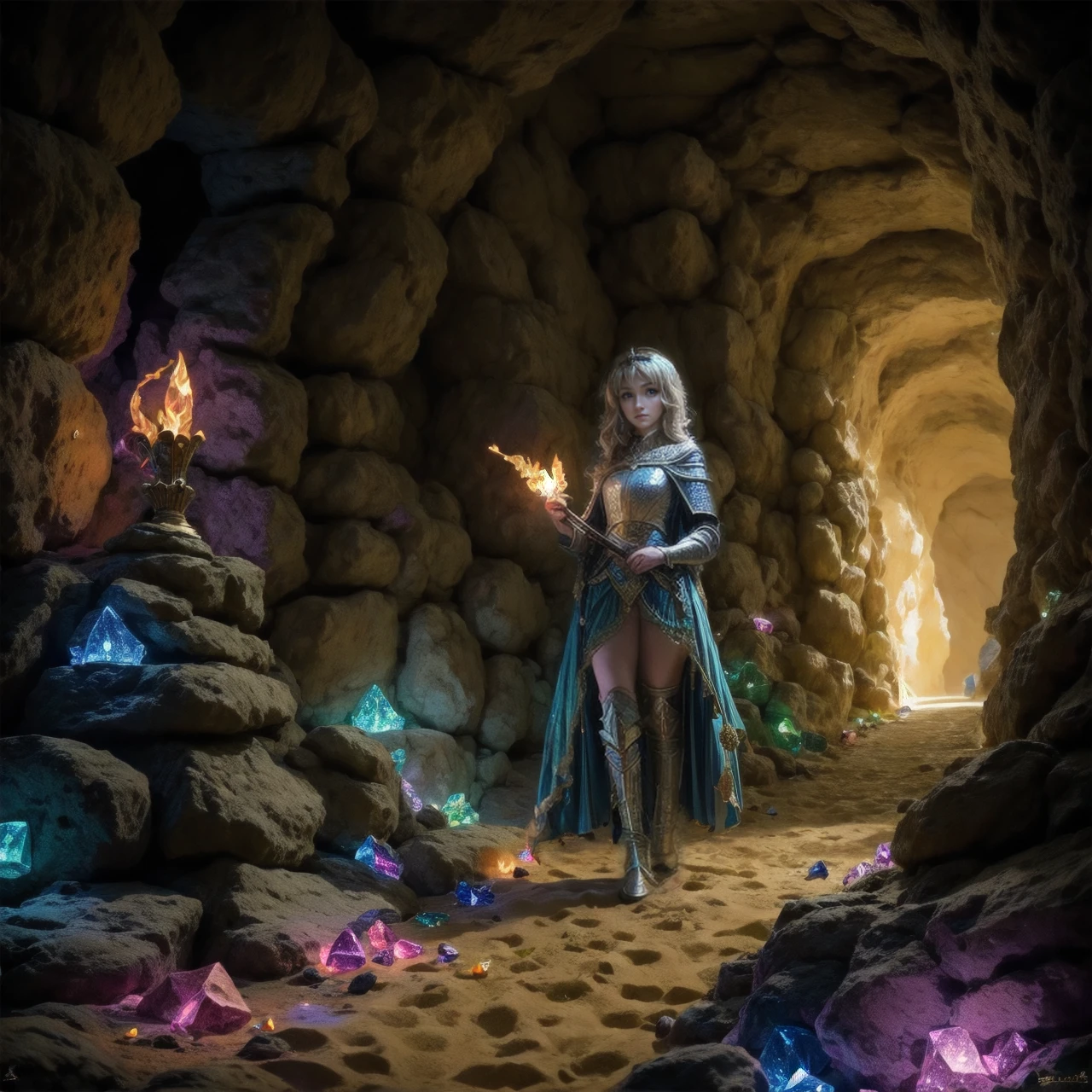 close-up, holding torch, gems, 1girl, knight, standing, underground passage, sand, rocks, dim light, <lora:elepw:0.8>, elementalplaneearth, <lora:more_details:0.6>, high quality, highres, masterpiece, best quality, 8k, intricate, detailed, <lora:add_detail:0.6>, very detailed