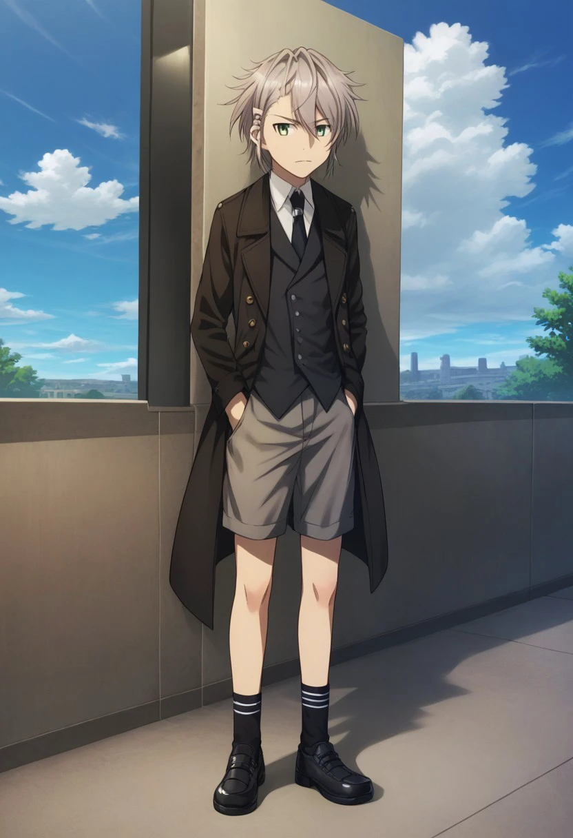 score_9, score_8_up, score_7_up, source_anime, highly detailed, 

sukuna, 1boy, male focus, solo, grey hair, hair between eyes, hair ornament, green eyes, shirt, collared shirt, white shirt, necktie, vest, jacket, long sleeves, shorts, socks, black socks, shoes, black footwear,standing, back against wall, hands in pocket,

outdoor, sky, clouds, 