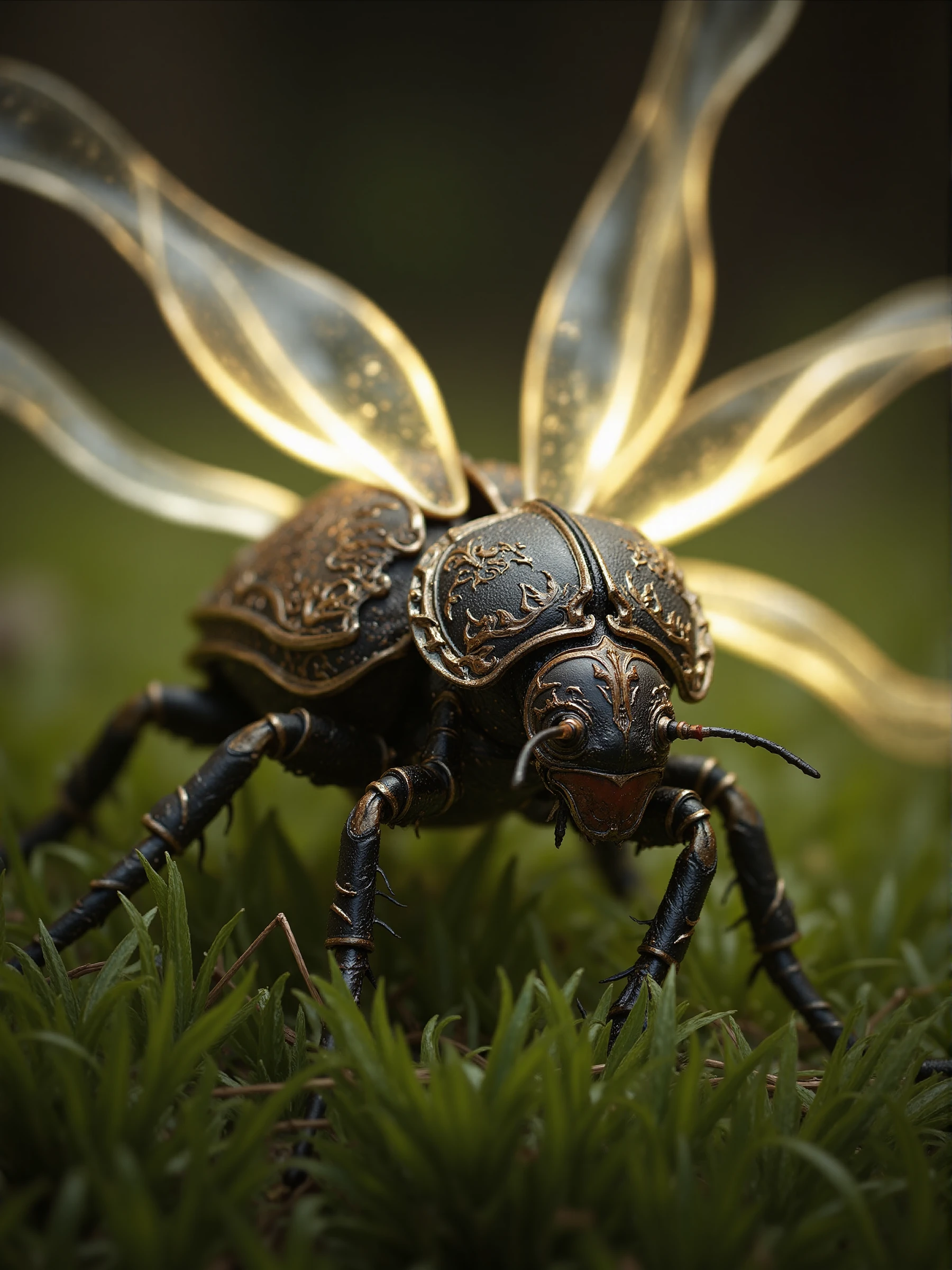 Archangel-bylaushine,the tiny armored stag_beetle crawling on grass,which has intricate shell and huge glowing soft wings,