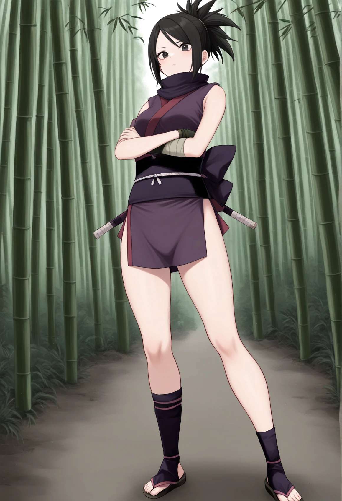 1girl, solo, medium hair, black hair, black eyes, ponytail, ayame4, ninja, japanese clothes, bare shoulders, single gauntlet, obi, skirt, bare legs, sandals, ribbon, outdoors, bamboo forest, crossed arms, standing, full body, cowboy shot   <lora:Ayame_Tenchu_Illus_v2:1>, masterpiece, best quality, amazing quality, very aesthetic, absurdres, highres, newest