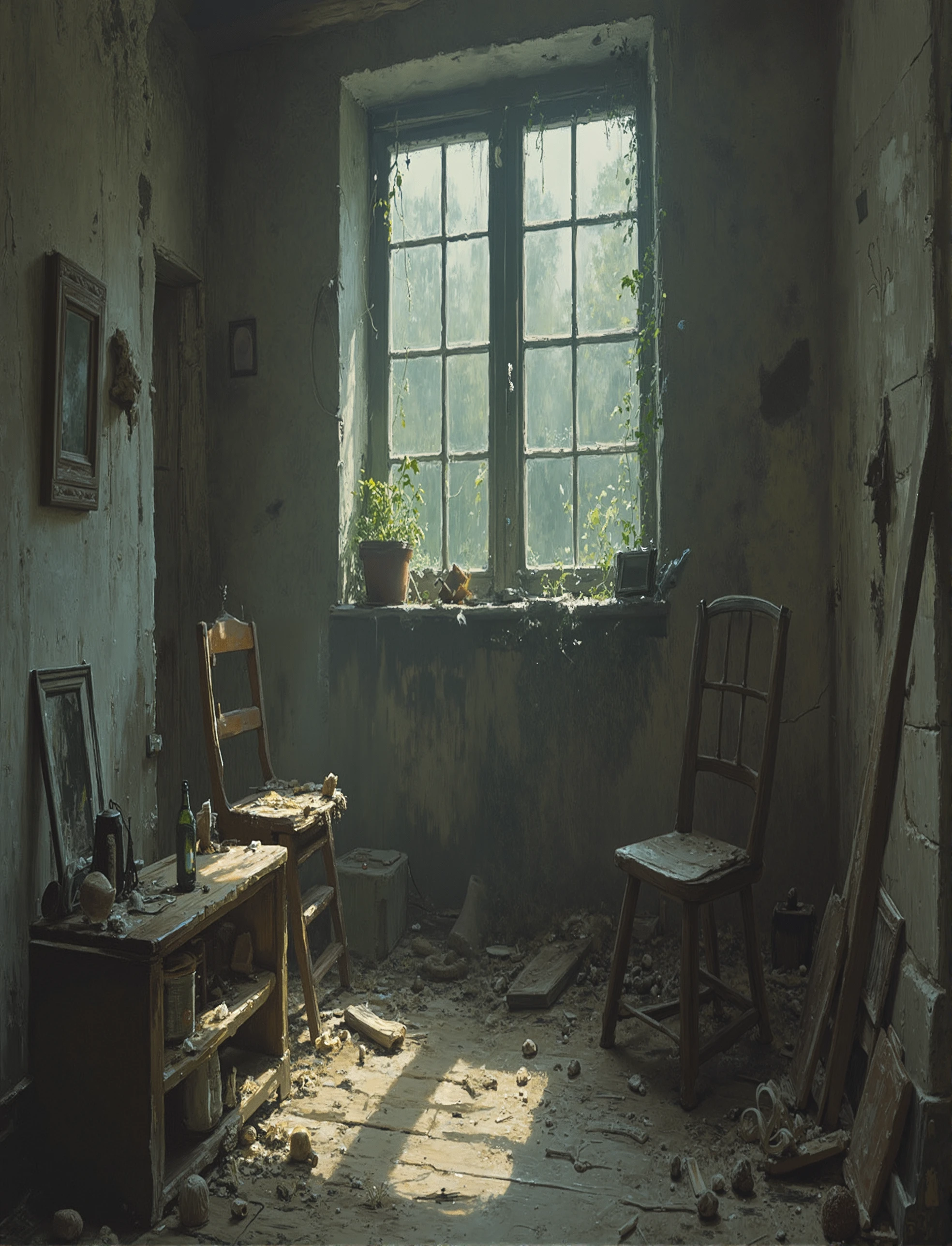((masterpiece)), ((award-winning art, High-Quality Artwork, digital art style, digital painting, Highly detailed graphic designs, illustration, a painting of a room with a window, a chair, a stool, a table with various objects on it, a wall with a photo frame, and other objects scattered on the floor, Through the window, we can see trees outside)), post-apocalyptic, (UHD, 8K, ultra detailed, best quality, best aesthetic, amazing detail, work of a master), dark atmosphere, (highly detailed background, shallow depth of field),