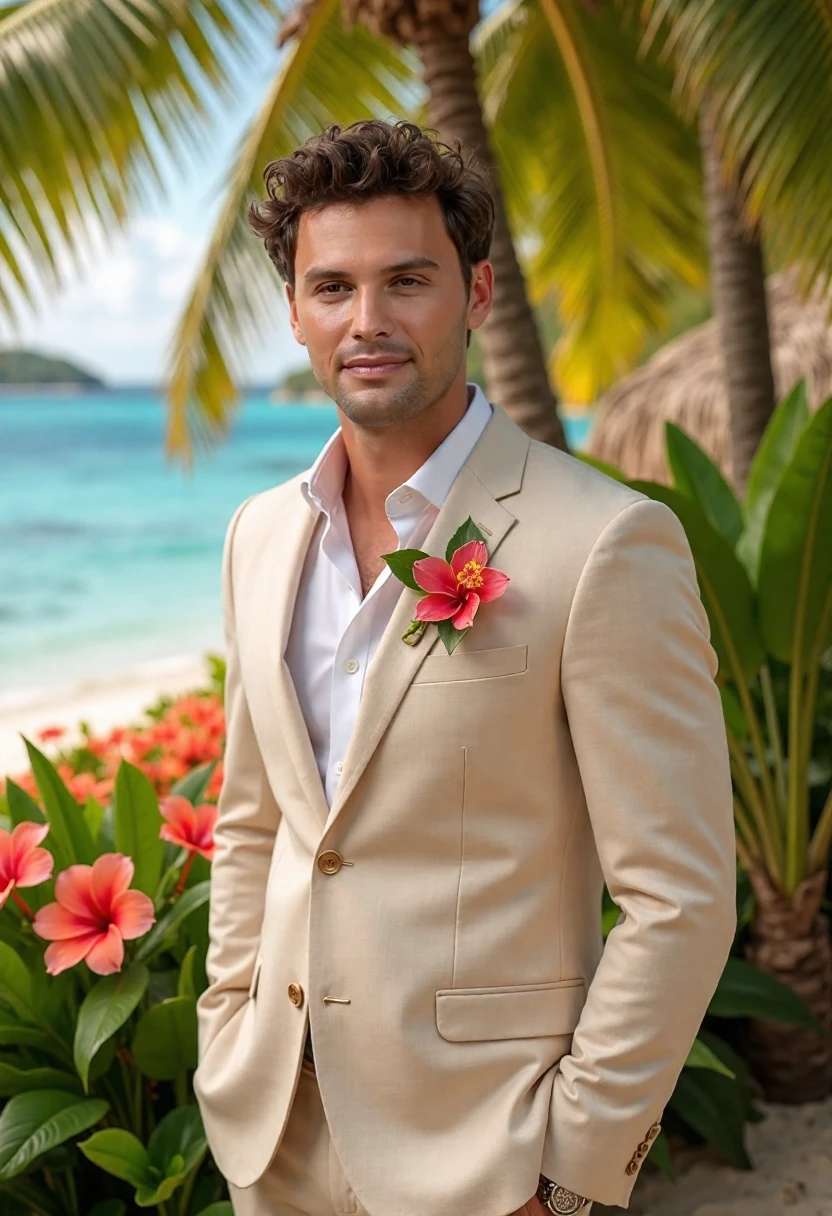 In a picturesque garden nestled in the tropical paradise of Tahiti, C00perK0ch, a suave 21 year old man stands confidently, showcasing a beautifully tailored light beige groom's suit that complements his sun-kissed complexion. The suit, expertly fashioned from a lightweight linen fabric, billows slightly in the gentle island breeze, with a fitted blazer and crisp white shirt peeking through, adorned with a delicate boutonniere of vibrant orchids that elegantly contrasts against the soft fabric. Surrounding him, the garden bursts with an explosion of colors—lush green palm fronds sway gently overhead, while bright tropical flowers, including vivid hibiscus and fragrant plumeria, bloom exuberantly around him, their sweet perfume mingling with the salty ocean air. In the background, a serene lagoon shimmers under the late afternoon sun, reflecting hues of turquoise and deep blue, while the faint sound of waves lapping against the shore creates a soothing melody. As the man poses, he flashes a warm, charismatic smile, his dark hair tousled just so by the coastal breeze. The golden sunlight filters through the foliage, casting dappled shadows on his handsome features and the rich textures of the garden. 