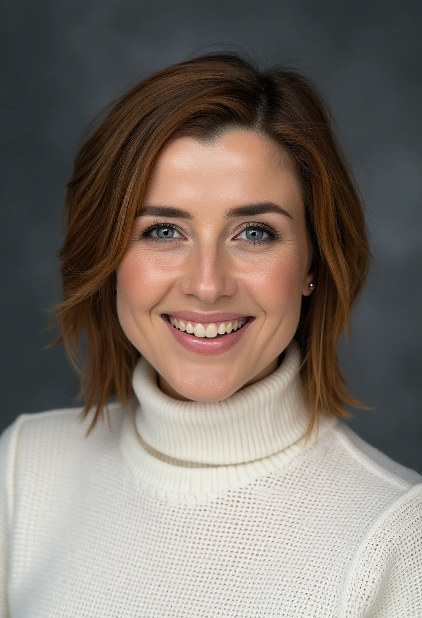 A professional portrait photo of emlemke, a woman. She is smiling widely, showing her teeth. She is wearing a white knit turtleneck sweater. The background is blurry and shows a dark gray professional photo studio canvas.