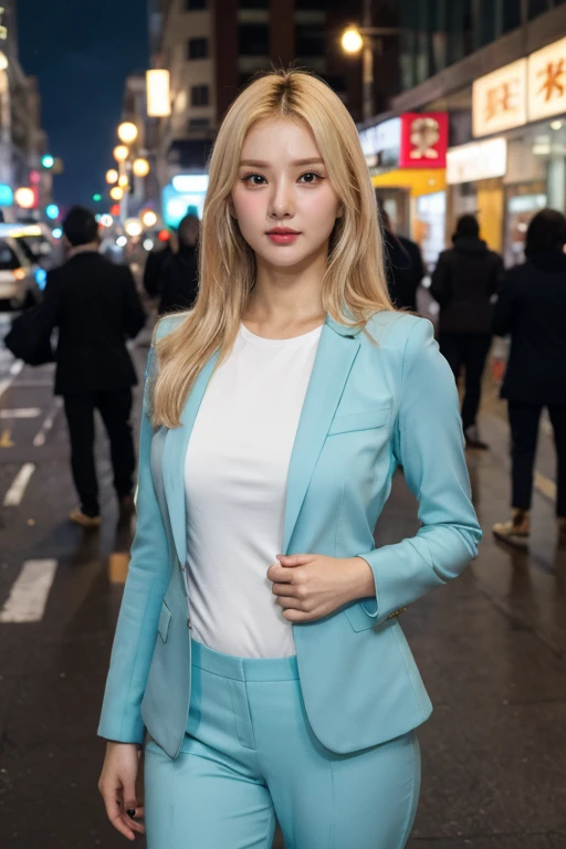 masterpiece, best quality, ultra-detailed, ultra high res, (photorealistic:1.4), raw photo, (realistic:0.2), CG, 8k HDR, perfect lighting, (asian:0.2), 1girl, solo, looking at viewer, (plain t-shirt, blazer, pant suit), outdoor, (city, busy street), night, scattered cloud, aurora sky, upper body, lower body, asymmetrical long hair, blonde hair, (detailed oily skin), (detailed face), (detailed background :1.1), cold weather,