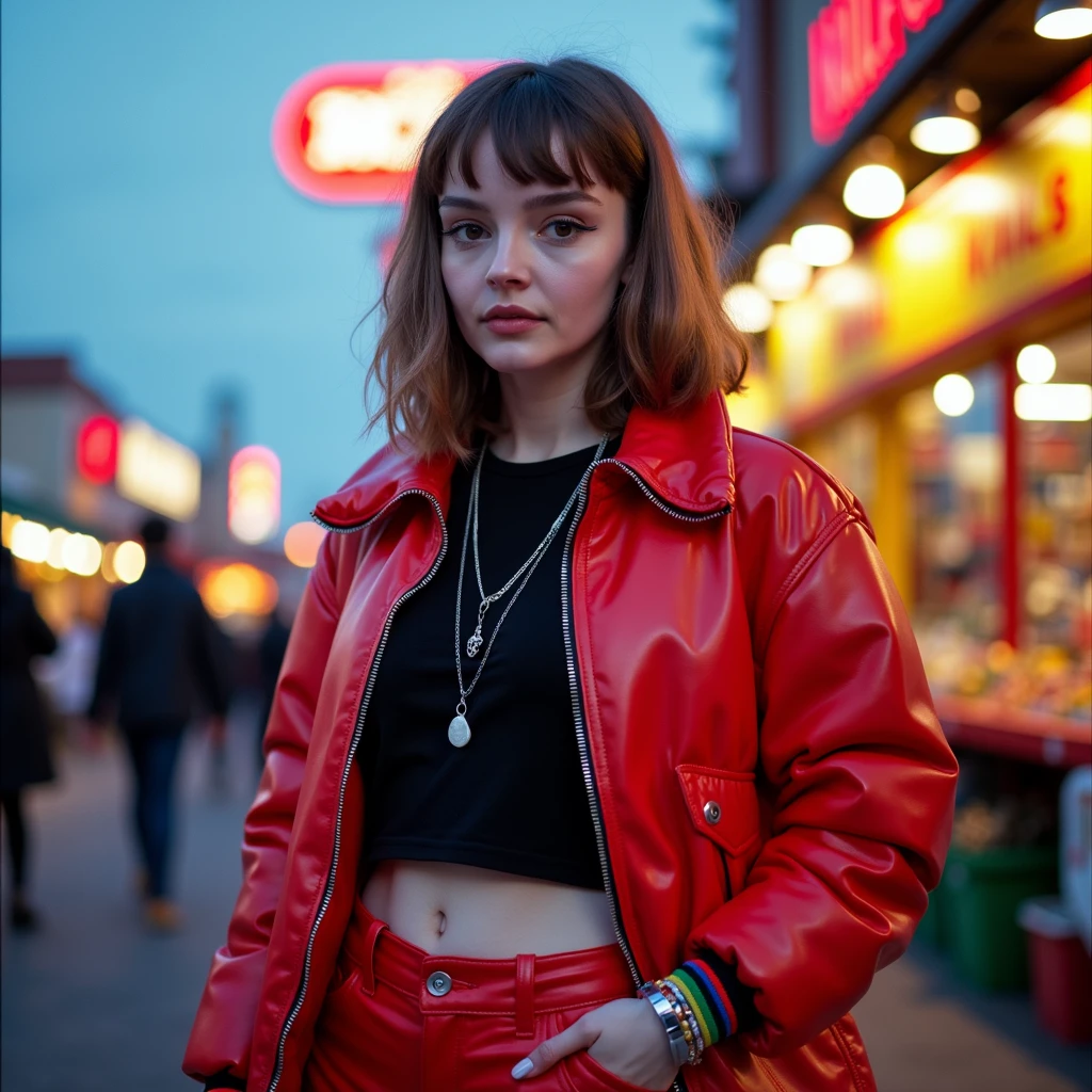 lmbr, cinematic, full body shot, contrasting lights, in the pier market of a colorful town, she's wearing 80s jacket, lycra pants, black long sleeved shirt,  scarlet undershirt, she's wearing necklaces, bracelets and silver colorful rings. The camera is fixed side viewing her, at dusk,  photorealistic, real photography, 8k, hd  <lora:lauren-mayberry:1>, Photorealistic, Hyperrealistic, Hyperdetailed, analog style, soft lighting, subsurface scattering, realistic, heavy shadow, masterpiece, best quality, ultra realistic, 8k, golden ratio, Intricate, High Detail, film photography, soft focus, RAW candid cinema, 16mm, color graded portra 400 film, remarkable color, ultra realistic, textured skin, remarkable detailed pupils, realistic dull skin noise, visible skin detail, skin fuzz, dry skin, shot with cinematic camera