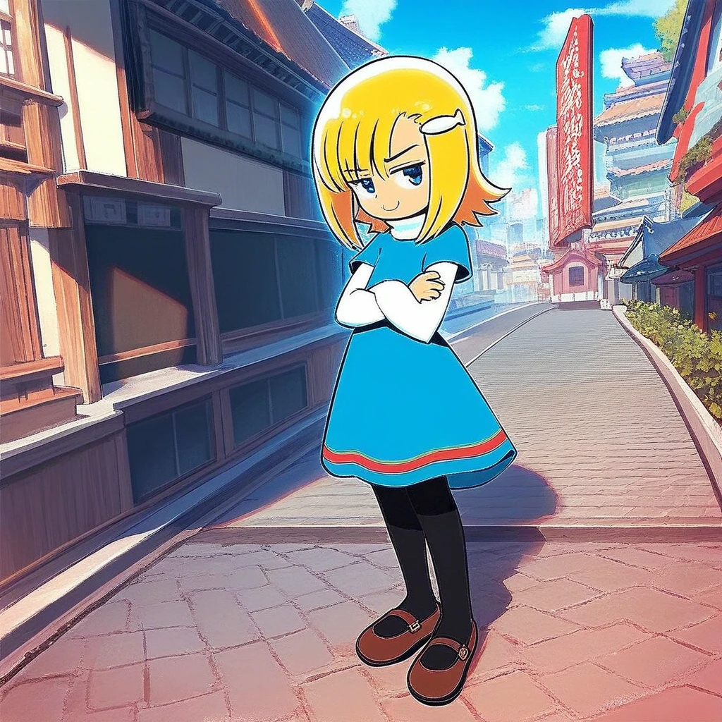 score_8, score_8_up, score_7_up, 1girl, female focus, official art, solo, Mana_GF, Blonde hair, blue eyes, sidelocks, hair ornament, hair clip, fish hair ornament, bangs, blue dress, white turtleneck, turtleneck dress, white sleeves, long sleeves, layered sleeves,, long sleeves under short sleeves, pantyhose, black pantyhose, mary janes, brown footwear,  full body, flat chest, crossed arms, aura, straight-on, looking at viewer, smirk, serious expression, smug, outdoors, japanese architecture, building, street, city,