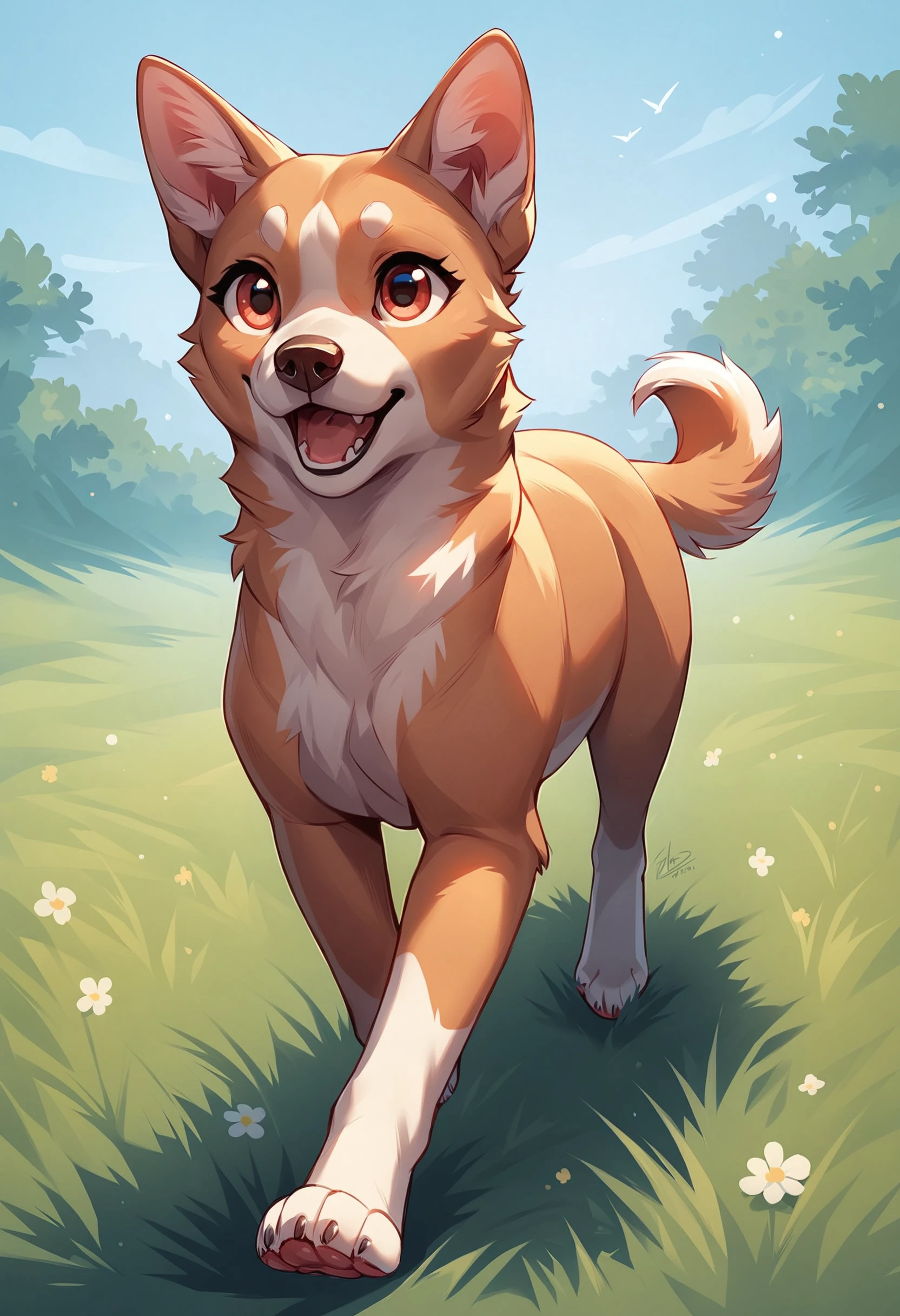 score_8, score_9_up, Full-Body SHot, 1girl, Solo, Cute Dog, Running across a Grassy Field, (Digital Drawing), Best Quality, Highly Detailed, rating_safe