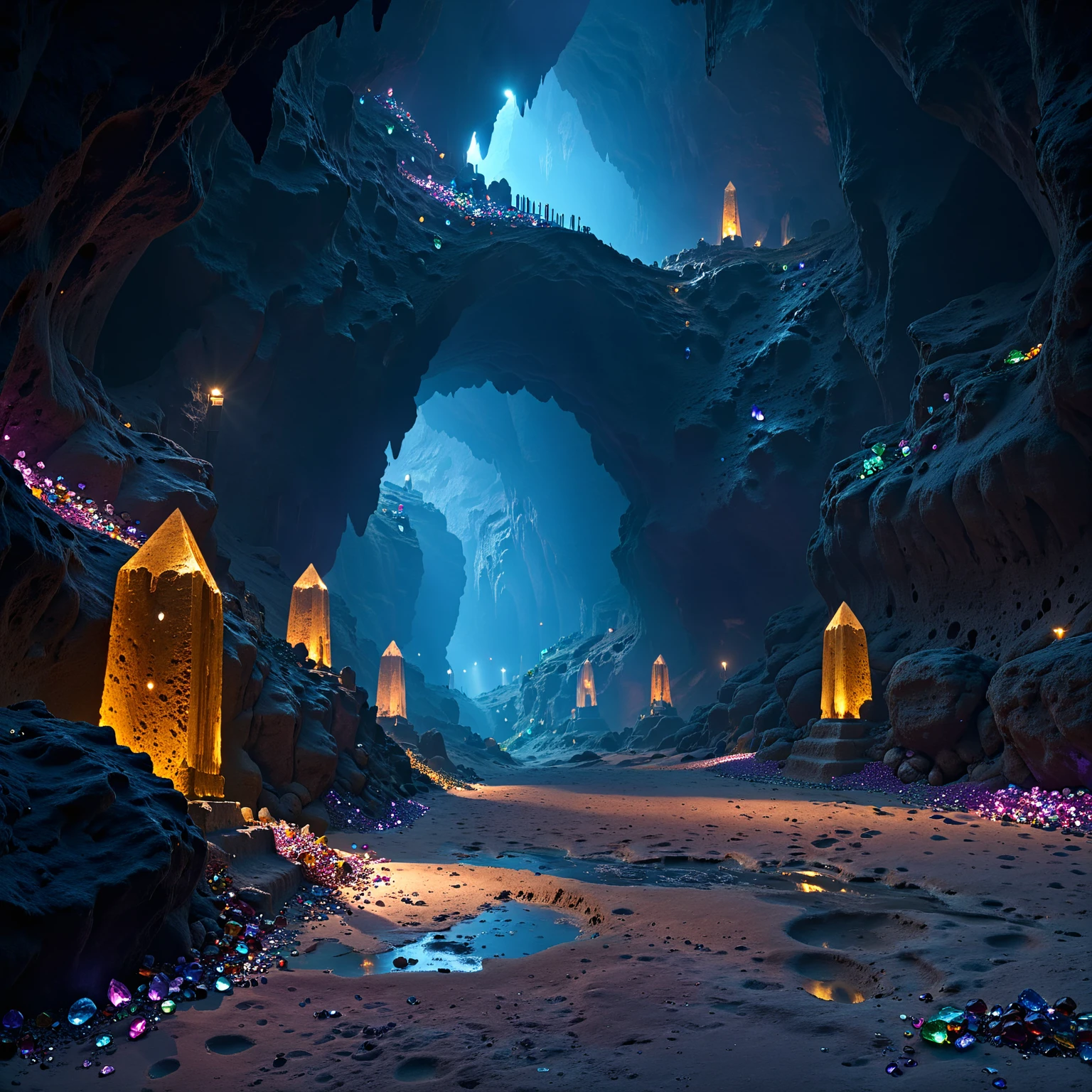 scenery, landscape, gems, cave, underground, dark, dim light, best quality, masterpiece, 4k, uncensored, prefect lighting, rating_explicit, very aesthetic, detailed, <lora:add_details_xl:0.6>, very detailed, <lora:SDXLHighDetail_v5:0.6>, <lora:elesdxl:1>, elementalplaneearth