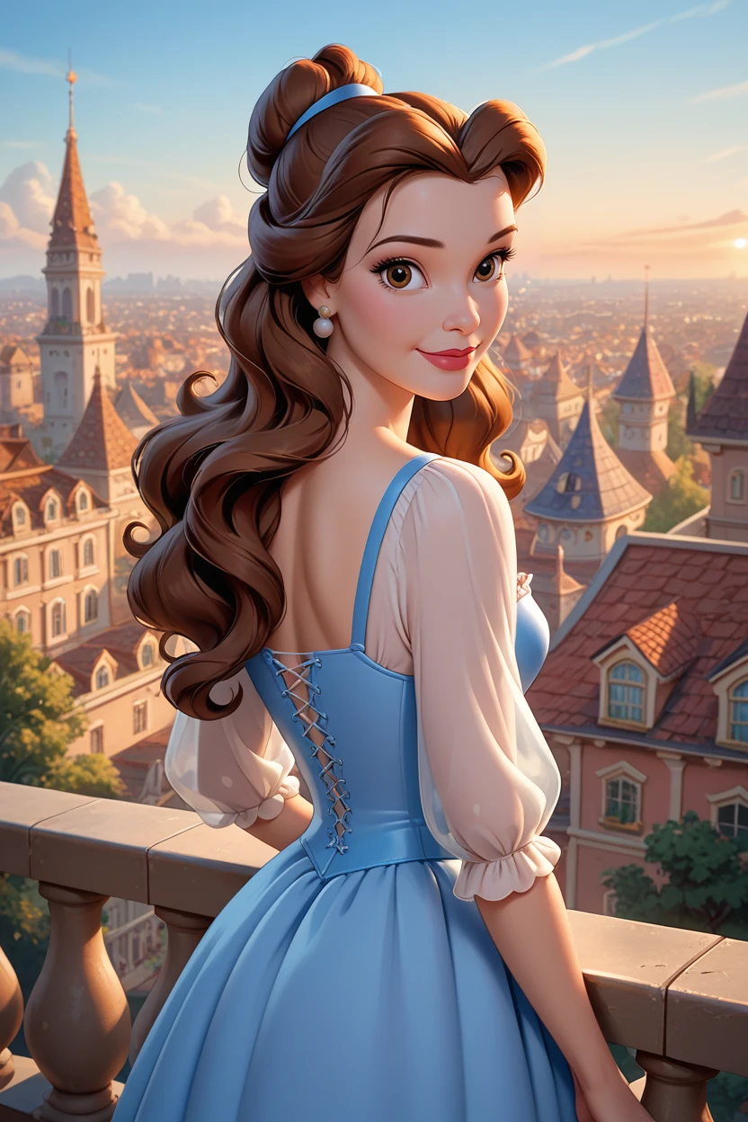 score_9, score_8_up, score_7_up,
<lora:DisneyBelle:0.8>
DisneyBelle, 1girl, brown hair, brown eyes, long hair, looking at viewer, confident smile, leaning against railing, looking back, rooftop terrace, city lights, nighttime