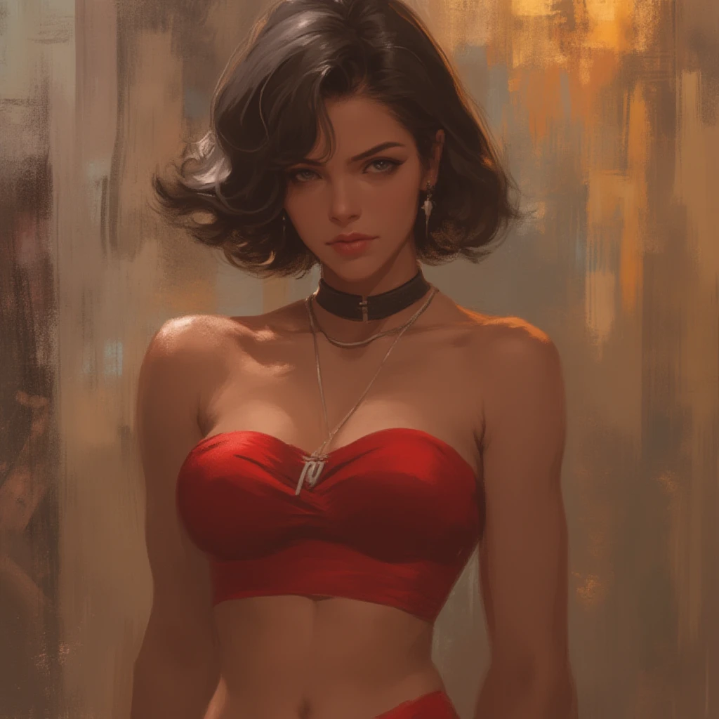 <lora:LonetteCW_v01:0.8>,lonettecw,1girl,solo,black_hair,hair_bun BREAK [SEP],
makeup,red_lipstick BREAK [SEP],
red_dress,red_striped_blouse BREAK [SEP],
deep_plunging_cleavage,revealing_bustier,covered_nipples,midriff,navel_cutout BREAK [SEP],
(revealed_cleavage,exposed_medium_breasts,navel,colarbone,covered_nipples:1.2) BREAK [SEP],
(ambient_lighting:1.1),(ultra_realistic,32k,RAW_photo:1.1),(high_detailed_skin:1.1),8k_uhd,dslr BREAK [SEP],
high_quality,film_grain BREAK [SEP],
full_shot,looking_at_viewer_seductively,flirty_smile,naughty_face,simple_background,(insanely_detailed,best_quality,masterpiece,photorealistic:1.3),