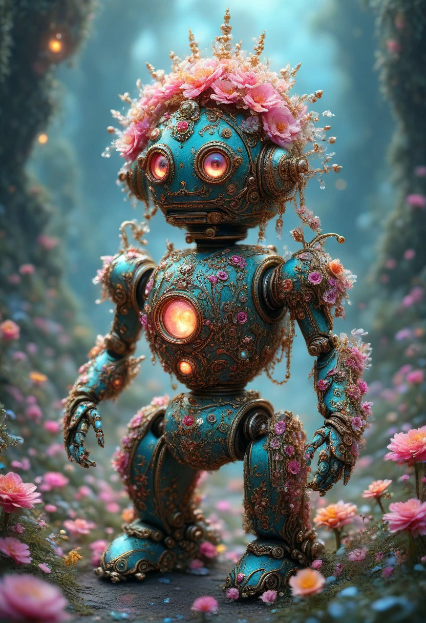 Flower and Crystal Ornaments, professional photography of an fantastical cute robot with whimsical elements, flowers and swirling magic, eerie fairytale landscape, elaborate fantasy style art, very colorful, intricate details, ultra sharp, exquisite detail, flawless composition, vivid colors, masterpiece, exciting background,