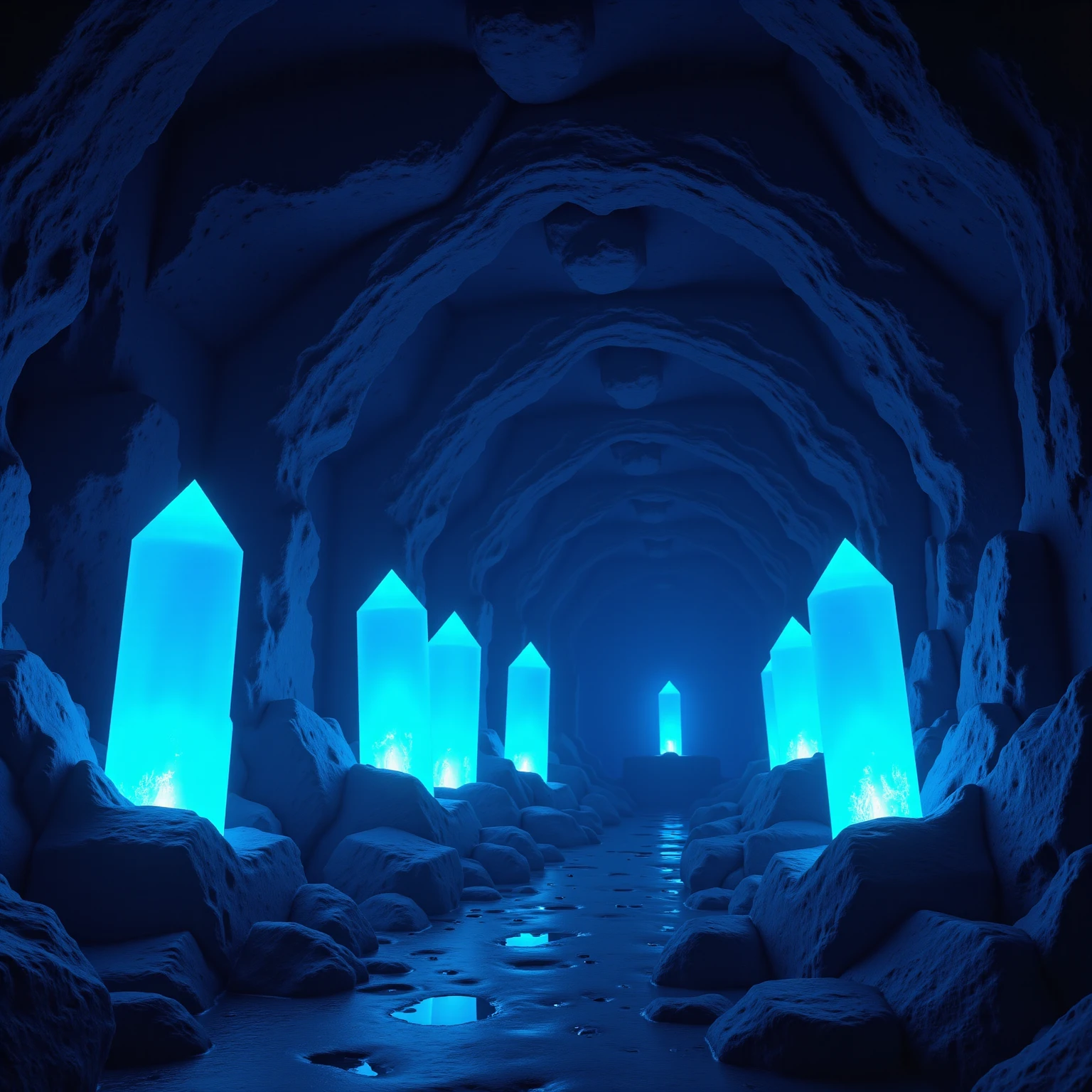 This is a highly detailed CGI illustration depicting a mystical, otherworldly cave. The cave walls are rough and jagged, with deep, dark shadows that create a sense of depth and texture. The floor of the cave is uneven, with rocks and small pools of water reflecting the eerie blue light. The primary source of light comes from eight glowing, crystalline formations that emit a vibrant, ethereal blue hue. These crystals are tall and slender, with smooth, faceted surfaces that catch the light, creating a mesmerizing, almost magical effect.
The cave is narrow and winding, with a central pathway that leads deeper into the darkness. The pathway is bordered by the jagged rock walls on either side, which are slightly illuminated by the blue light from the crystals. The background is a deep, dark blue, almost black, enhancing the mysterious and foreboding atmosphere. The ceiling is not visible, adding to the sense of depth and mystery.
The overall color palette is dominated by dark blues and purples, with the crystals providing the only bright, vivid contrast. The image is rich in detail and texture, with a focus on the interplay of light and shadow to create a haunting, otherworldly ambiance. <lora:Elemental_Planes-Earth:1>, elementalplaneearth