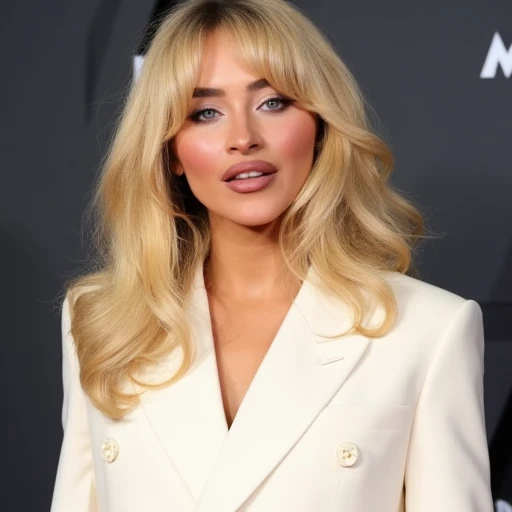 featuring bold, The image is a high-quality, wavy blonde hair and fair skin, pink lips, styled in a slightly tousled manner, and a slight tan. She has striking blue eyes and full, tailored white double-breasted blazer with a single-breasted design