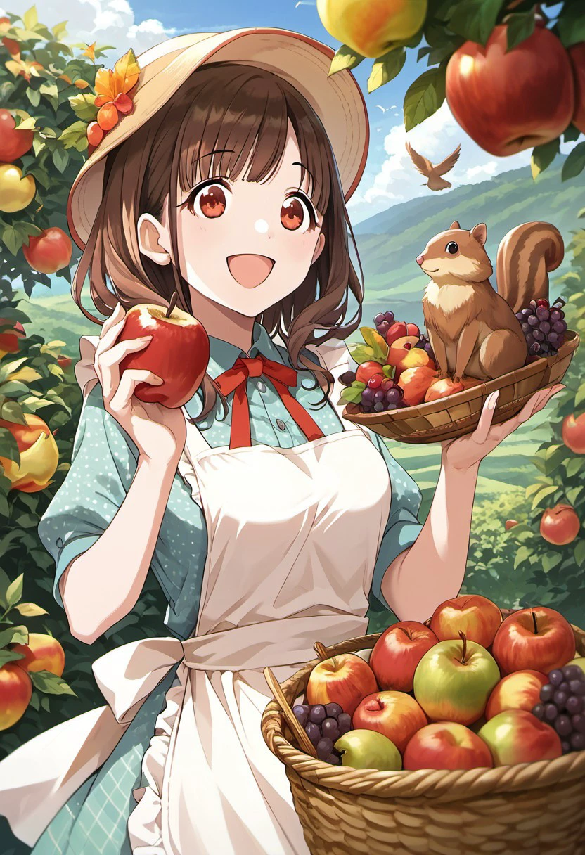 score_9, score_8_up, score_7_up, source_anime, sonoda chiyoko, brown hair, red eyes, 1girl, fruit, food, apple, squirrel, bird, hat, smile, outdoors, apron, solo, grapes, holding food, open mouth