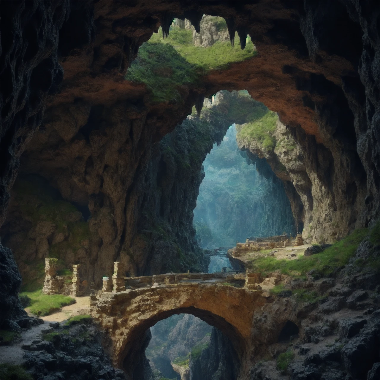 stone bridge, chasm, abyss, underground, huge open cavern, rock, <lora:elelpr:1>, elementalplaneearth, <lora:more_details:0.6>, high quality, highres, masterpiece, best quality, 8k, intricate, detailed, <lora:add_detail:0.6>, very detailed