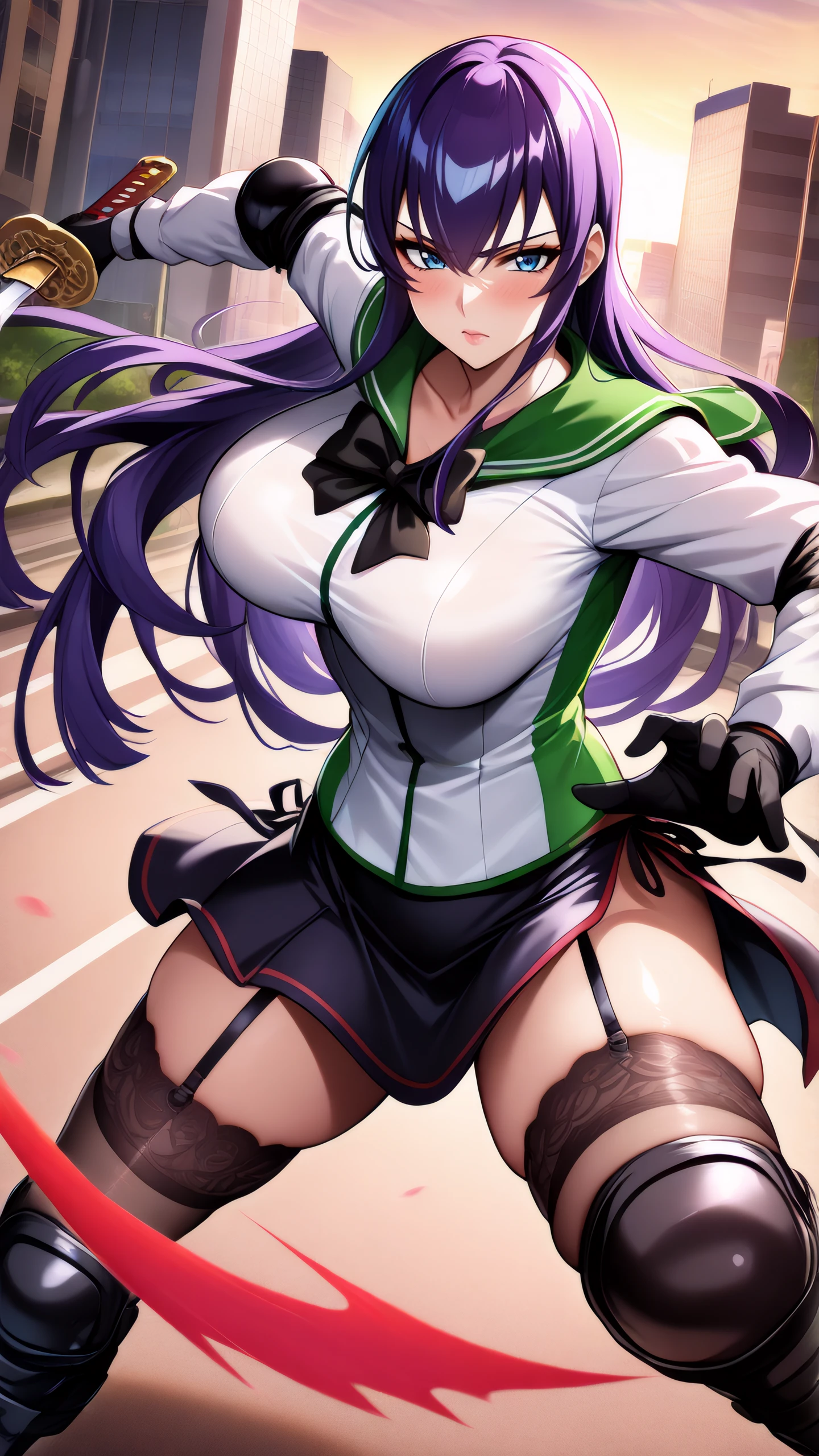 masterpiece, best quality, very aesthetic, absurdres, BREAK, 1girl,
<lora:BusujimaSaeko_Extra_Dwnsty_IL:1>, saeko_armored, blue eyes, purple hair, hair between eyes, school uniform, green sailor collar, black bowtie, long sleeves, black thighhighs, black skirt, side-tie skirt, loose skirt, miniskirt, pencil skirt, half skirt, red trim, garter straps, lace-trimmed legwear, black legwear, knee pads, elbow pads, black gloves, armored gloves, cleavage,
large breasts, lips, skindentation, blush, serious, holding holding weapon, slashing, incoming slash, katana, holding weapon, fighting stance, 
outdoors, street, highway, sunlight,
