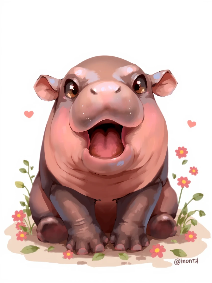 The image is a digital drawing of a baby hippopotamus rendered in a whimsical, semi-realistic style. The hippo is depicted with exaggerated, cartoonish features, giving it a playful and endearing appearance. The creature's body is a rich, dark brown color with lighter brown and beige highlights that give it a rounded, plump appearance. Its skin texture is smooth and slightly glossy, with subtle shading that mimics the sheen of a real hippopotamus. open mouth, happy, sitting in flowers