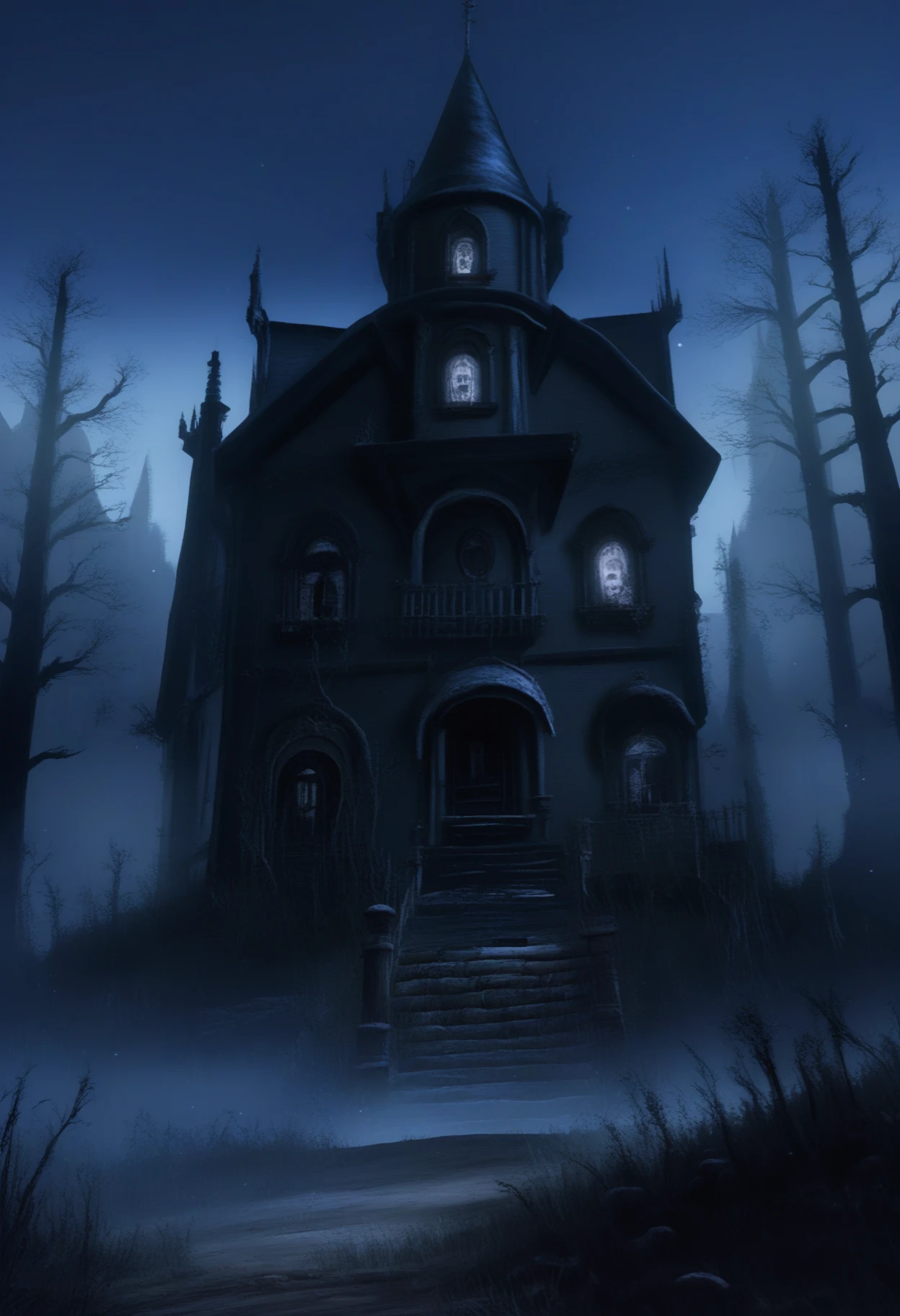 bbstyle, horror theme, realistic, scenery, house, trees, grass, haunted, night