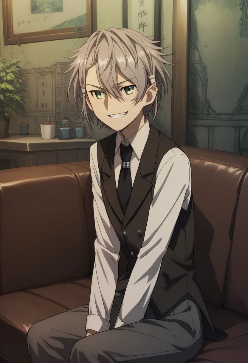 score_9, score_8_up, score_7_up, source_anime, highly detailed, 
sukuna, 1boy, male focus, solo, grey hair, hair between eyes, hair ornament, green eyes, shirt, collared shirt, white shirt, necktie, vest, grin,
indoor, couch,