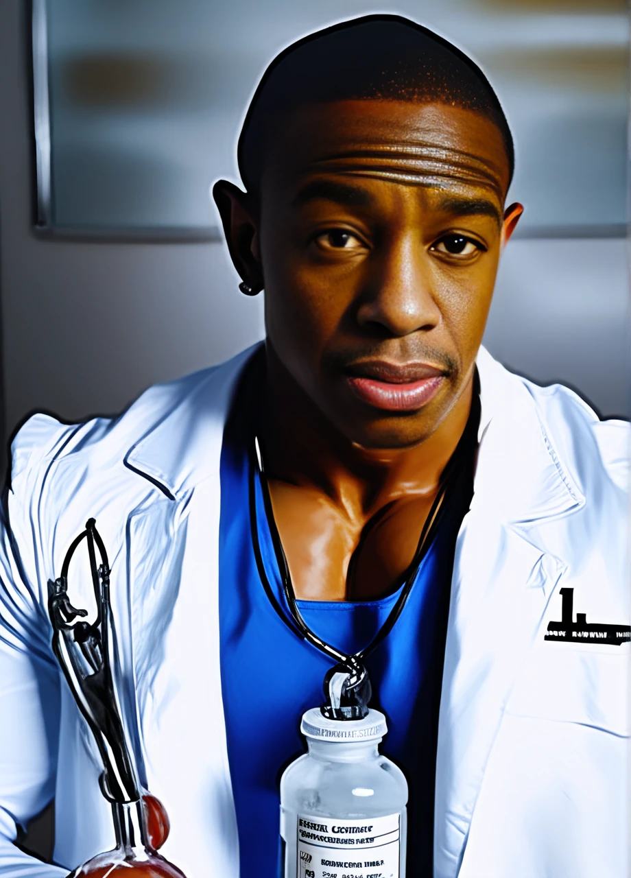 score_9, score_8_up, score_7_up, source_realistic,  highly realistic photo,  ultra detailed, 
 ,    
solo, highly realistic photo of tysonkobie , pharmacist, dressed in a white coat with a pill bottle and a prescription medicine bottle in hand,,  ((wearing a tank top)), high resolution, 8K resolution, epic photo quality:, 4K quality, epic detailed, 35mm film, sharp focus, high budget,   , <lora:tysonkobie_PDXL_v1-000016:1>