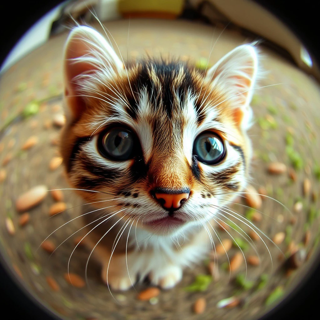 a cute kitten looking at the fisheye lens fx,fele