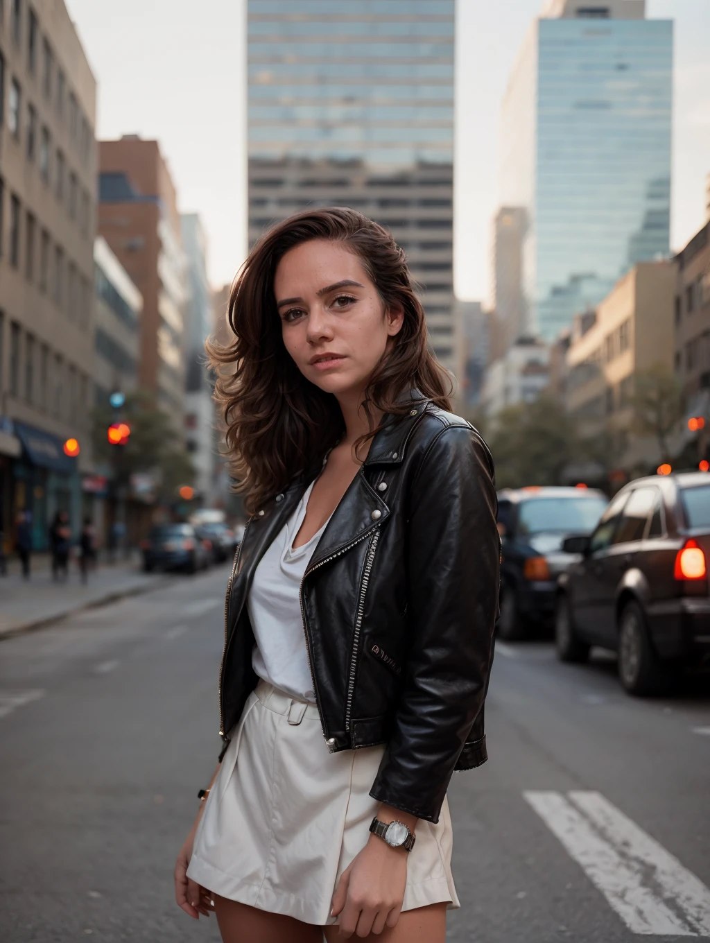 <lora:PCF_SarahKnafo_v2:1>, Street style photo of a grunge style woman in the streets of 1990 Manhattan standing in front of a sliver high rise building, leather jacket, Carly Norris, Sliver movie, natural lighting, shot on Agfa Vista 200, bokeh, f.1.8