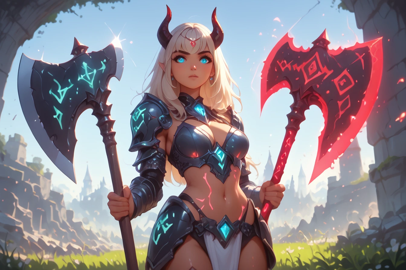 score_9, score_8_up, score_7_up, upscale 2x, (A demon woman with horns in armor holding an axe, the axe is outlined in glowing and had glowing symbols along the axe, dungeon in background:1.2) (runeaxe:1.3)