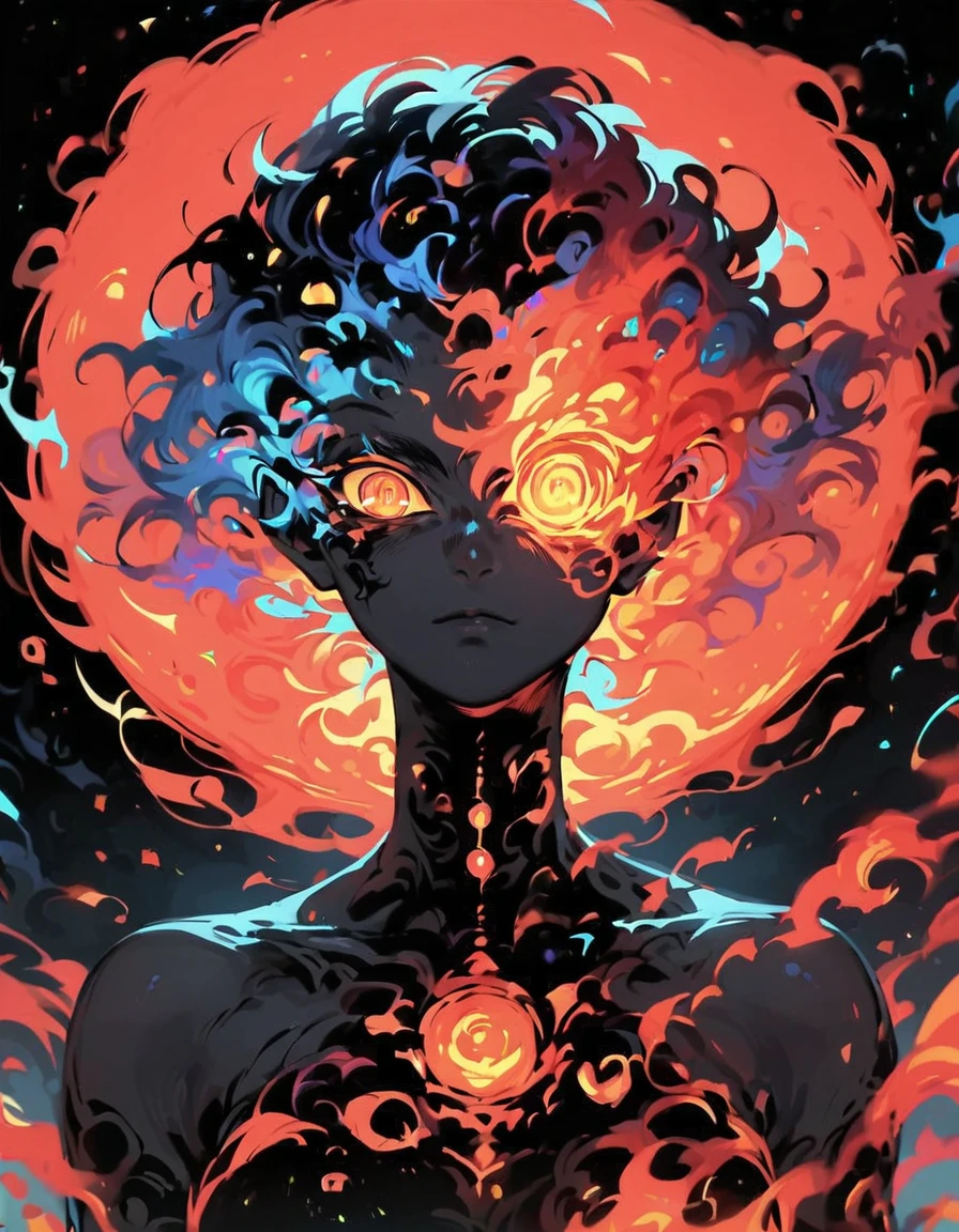 <lora:firexr_v1.0:0.56> score_9, score_8_up, score_7_up, firexr, rating_questionable, source_anime, 1girl, portrait, multicolored hair, fringe, bare shoulders, upper body, cosmic, fiery hair, black background, black skin