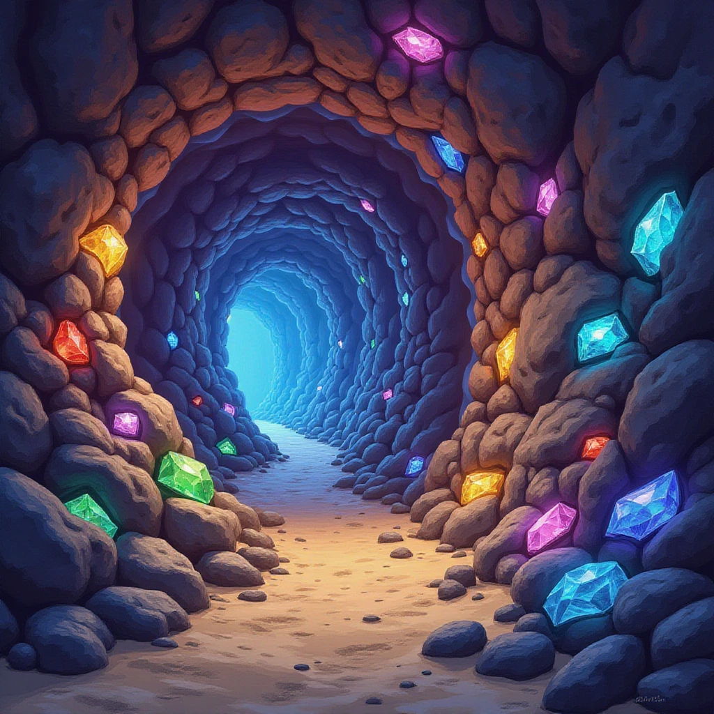 a digital panting of an underground passage in a fantasy art style. The walls and ceiling are covered in sparkling gemstones of many colors. the light is dim, and the floor is sandy and rocky.