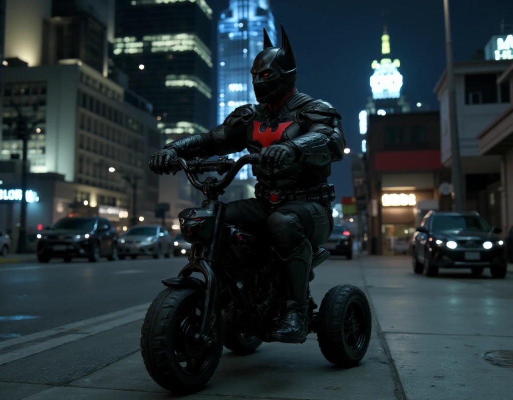 an adult Batman_Beyond_Suit is riding a child tricycle in gotham city <lora:Batman_Beyond_Suit:0.9>