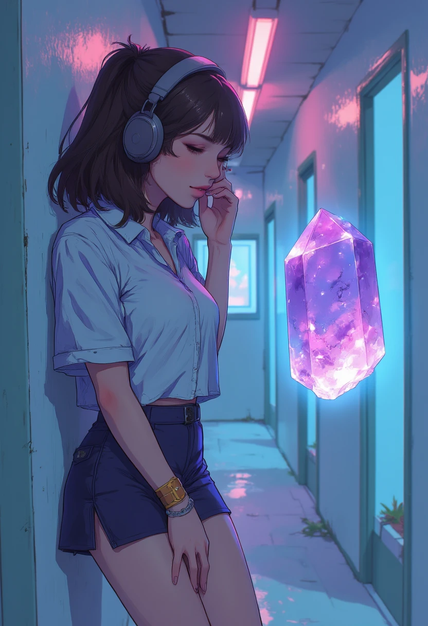 Artsy illustration style. beautiful woman wearing a short skirt and headphones leans against the wall in a hallway. She is staring blankly with her mouth open at a crystal. The crystal is floating in front of her. Her hands at her side. face and emitting a soft glow.