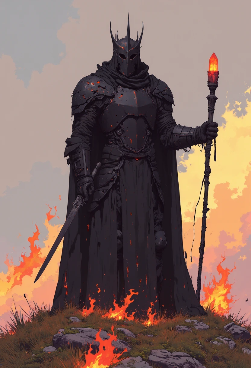 Artsy illustration style. The dark lord of Ur'thul, Wearing his large black crown and polygonal plate armor. He has a black staff with a crystal on top. He stands on the top of a hill as the fields burn.