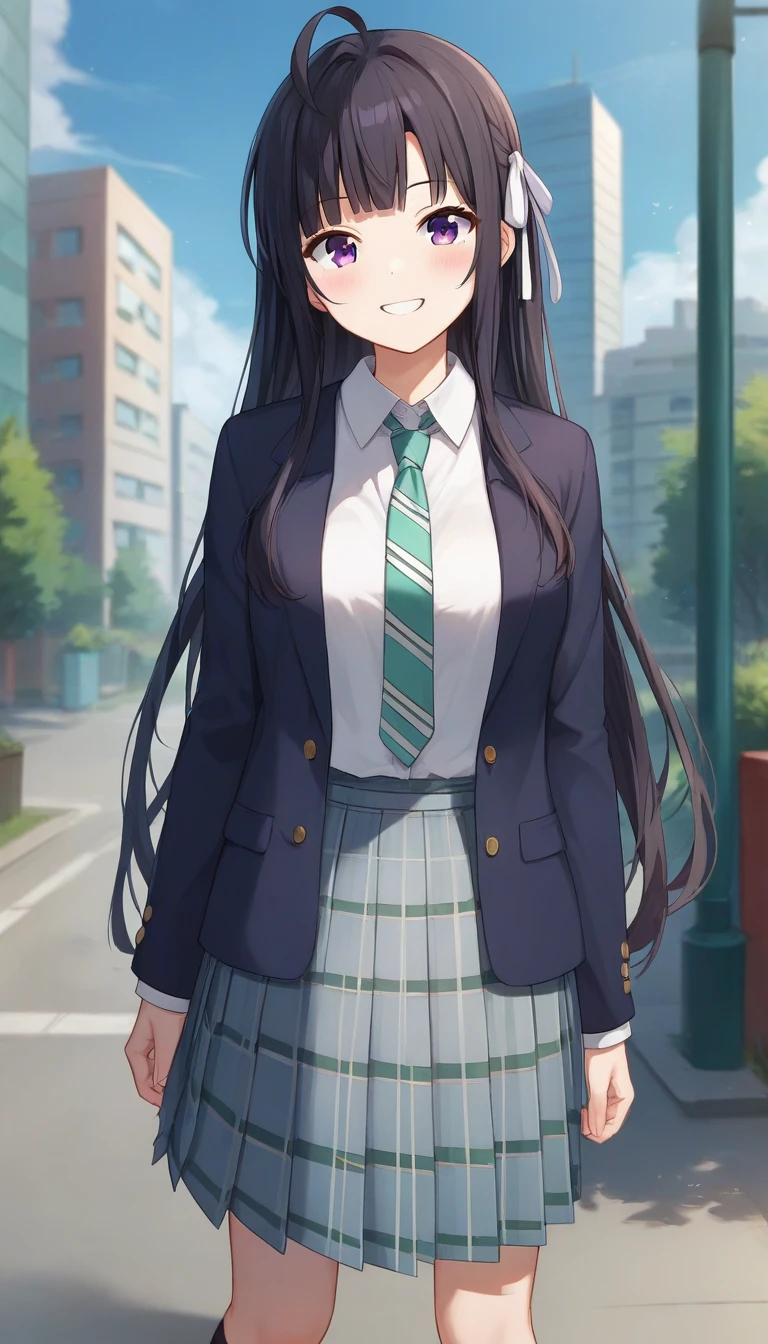 score_9,score_8_up,score_7_up,score_6_up BREAK official art,solo,outdoors,upper body,(portrait:1.5),looking at viewer,facing viewer,smile,blush,taut clothes,Subaru Awa,ahoge,very long hair,black hair,hime cut,hair intakes,hair ribbon,white ribbon,sidelocks,blunt bangs,purple eyes,school uniform,black jacket,blazer,wing collar,green necktie,white shirt,collared shirt,long sleeves,medium breasts,grey skirt,plaid skirt,pleated skirt,black socks,loafers,<lora:Subaru Awa(gbc)-Pony:1.2>,