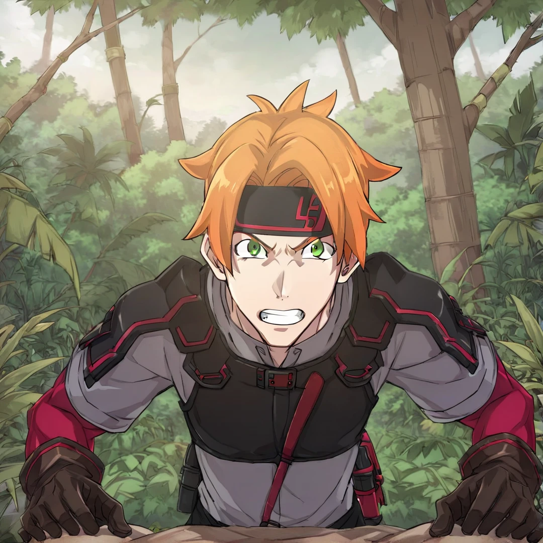 <lora:ToddFang:1>, todd, young man, short spiky orange hair, green eyes, sharp canine teeth, wears a headband, red undershirt with long sleeves, grey overshirt with short sleeves, black pants, black boots, black gloves, chest protector, shoulder pads, with small red stripes, headband with red and black color pallet, and a small red and black battle axe, solo, jungle, daytime, full body, angry, fighting