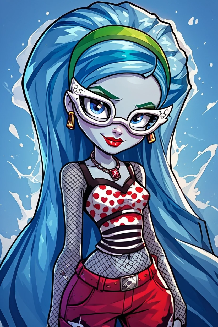 score_9, score_8_up, score_8, medium breasts, (curvy), cute, eyelashes,       BREAK, , zzGhoulia, zombie, long hair, blue hair, glasses, colored skin, blue eyes, very long hair,  jewelry, hairband, earrings, makeup, lipstick, striped, necklace, red pants, fishnets,  <lora:Ghoulia_MH_PDXL:0.8>,  , BREAK, embedding:zPDXL, Expressiveh, ,,, <lora:EnergyCAT:1.0>, solo, smile, looking at viewer, aura, blue sky, ,,, <lora:SDXLFaeTastic2400:0.5>, <lora:Expressive_H-000001:0.4>,