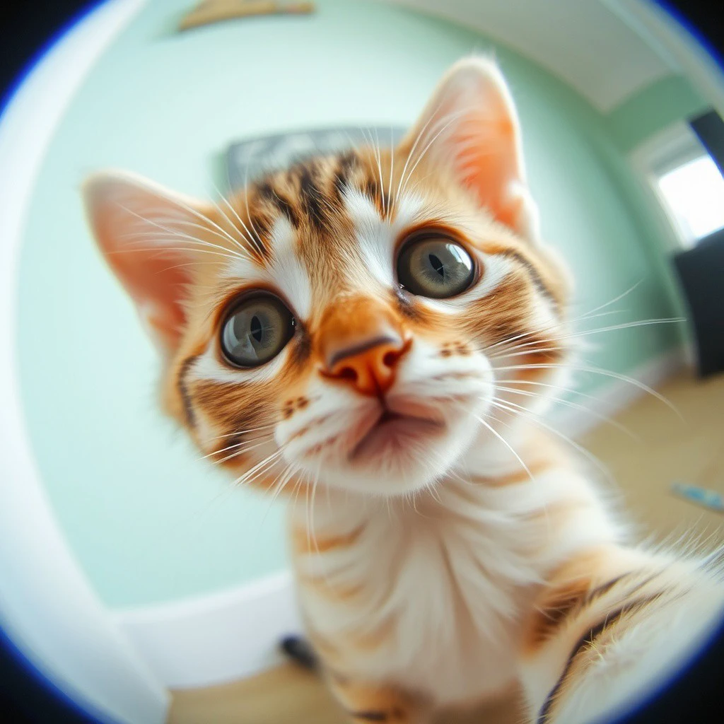 a cute kitten looking at the fisheye lens fx,fele