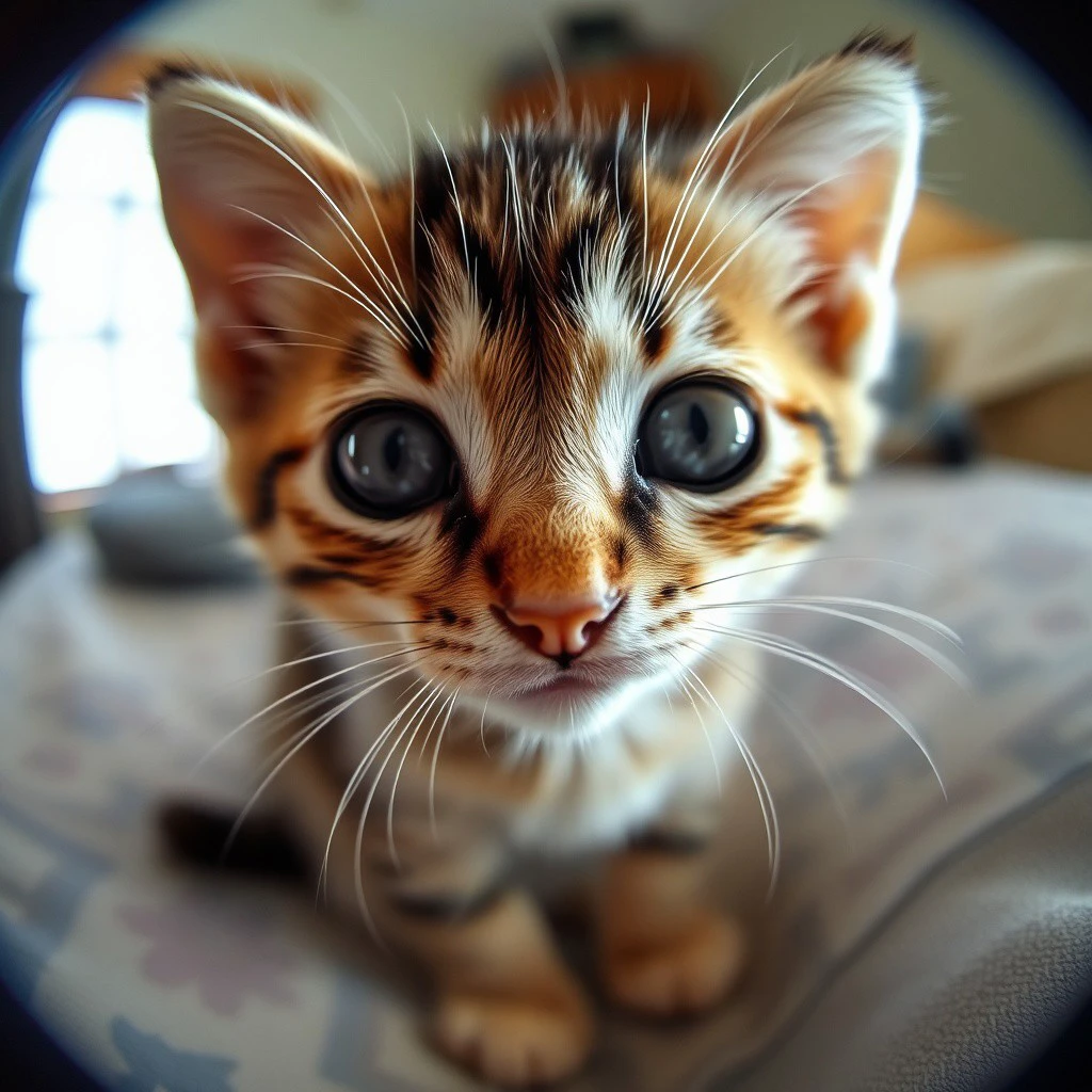 a cute kitten looking at the fisheye lens fx,fele